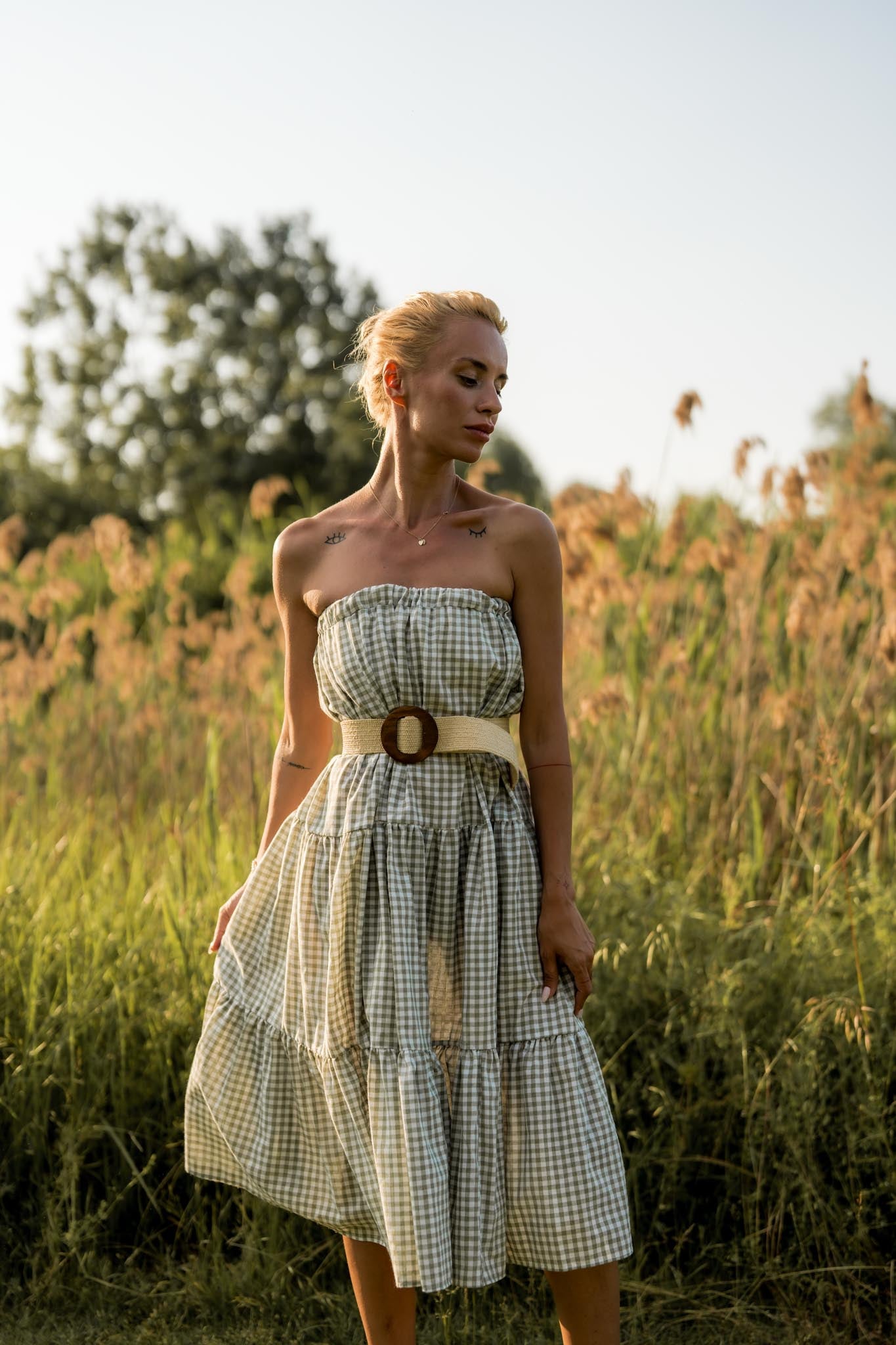 Crop top and a skirt set in green plaid Emma