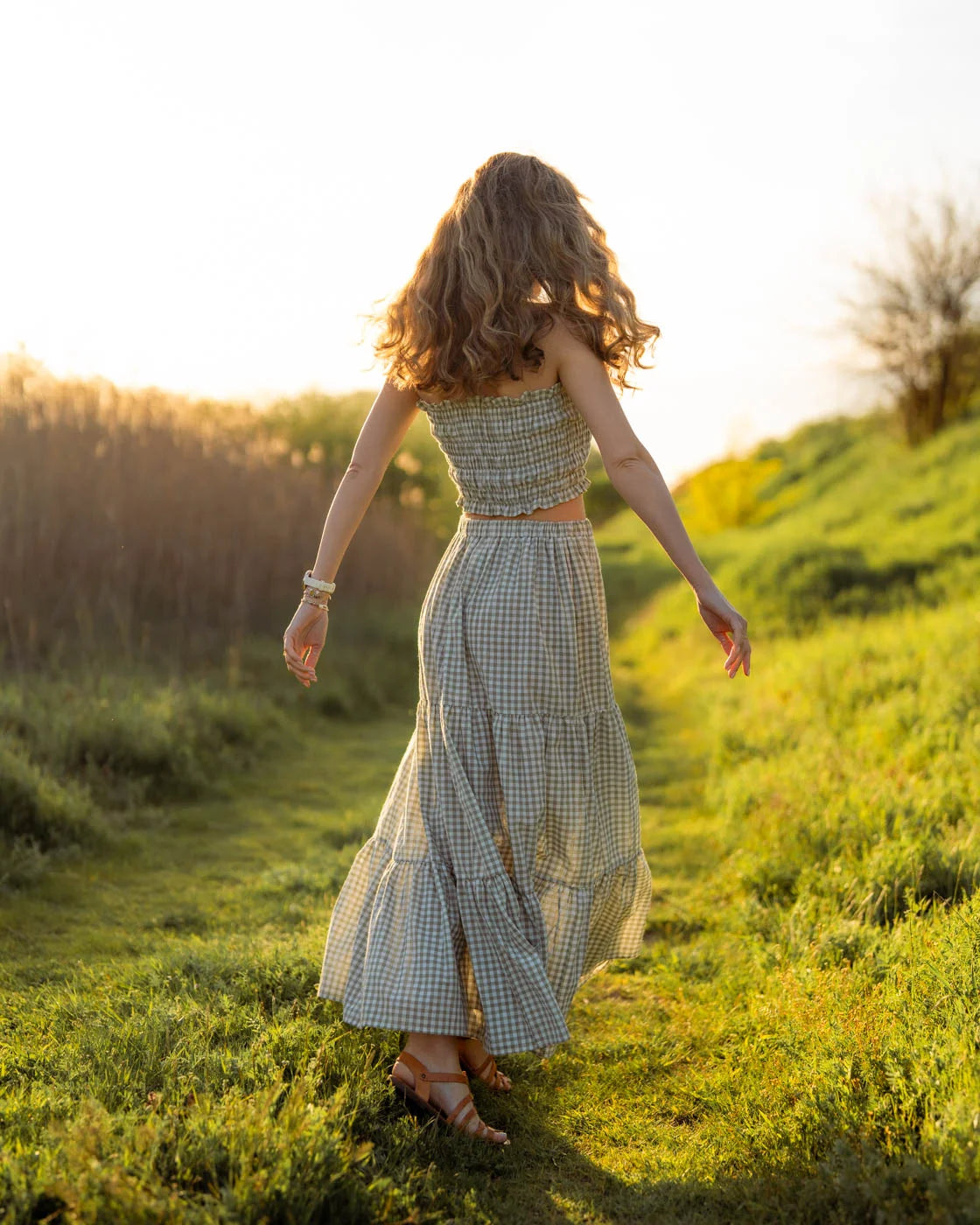 Crop top and a skirt set in green plaid Emma