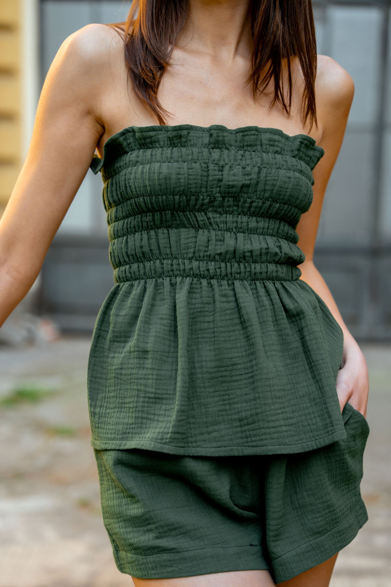 Зелен муселинов комплект топ и бермуди IVY