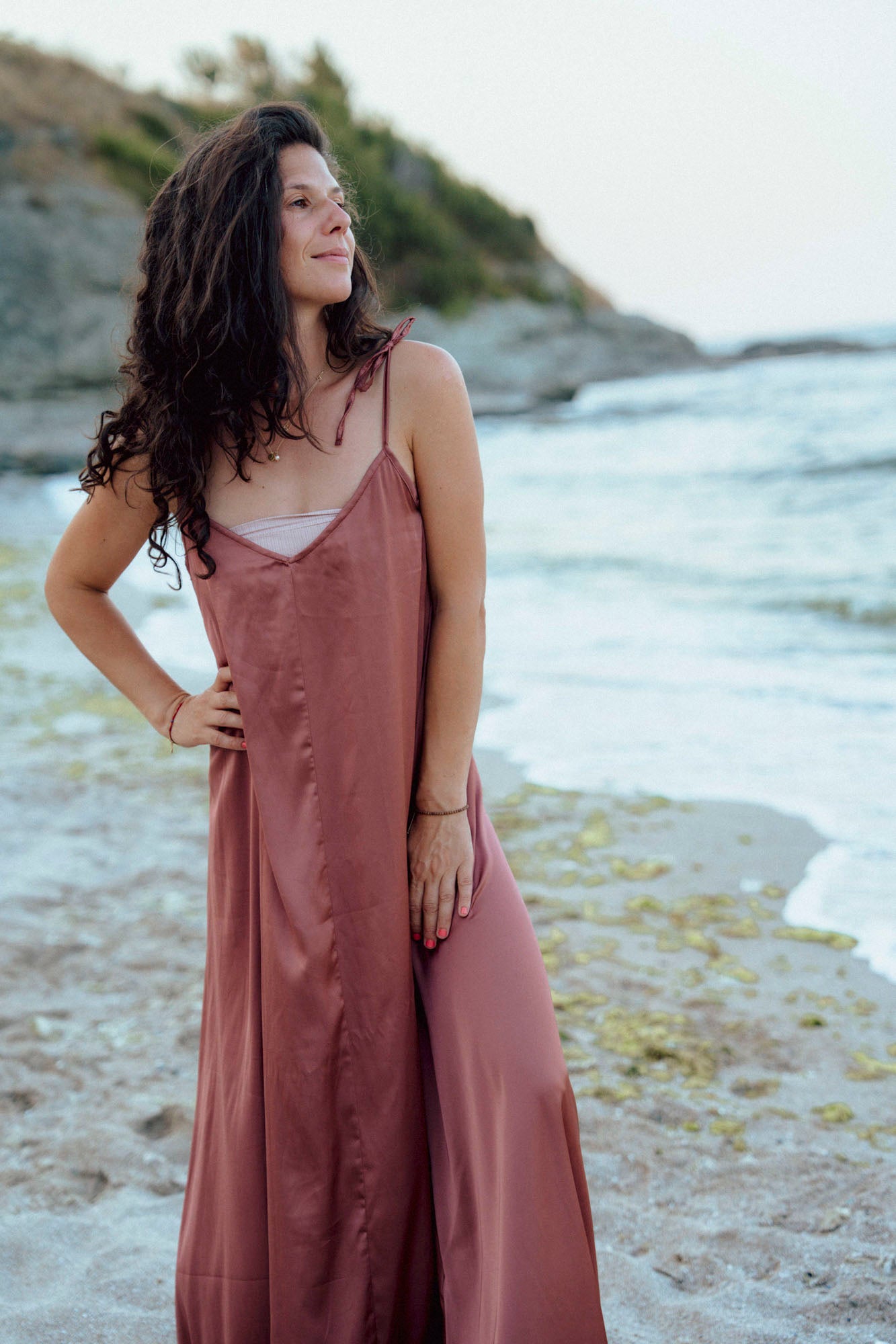 Long satin dress with thin straps LARA