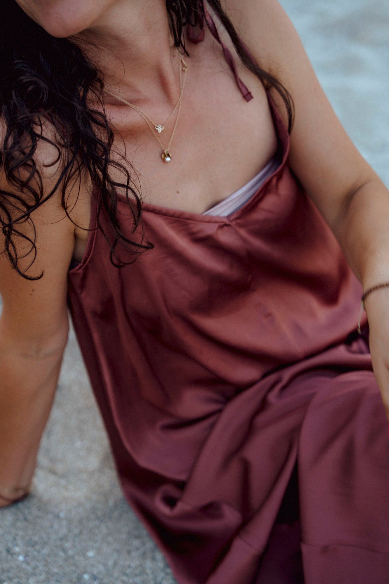 Long satin dress with thin straps LARA