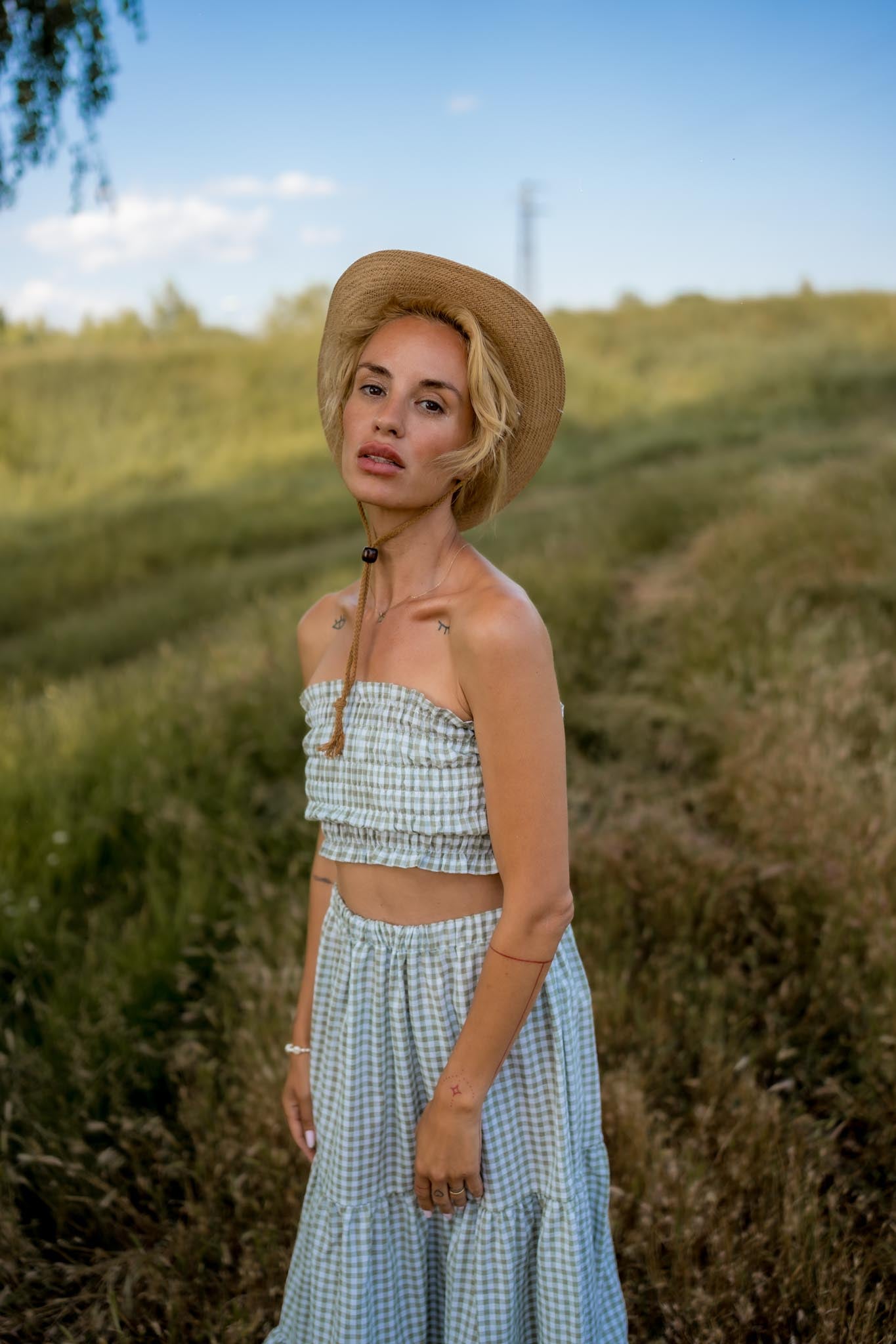 Crop top and a skirt set in green plaid Emma