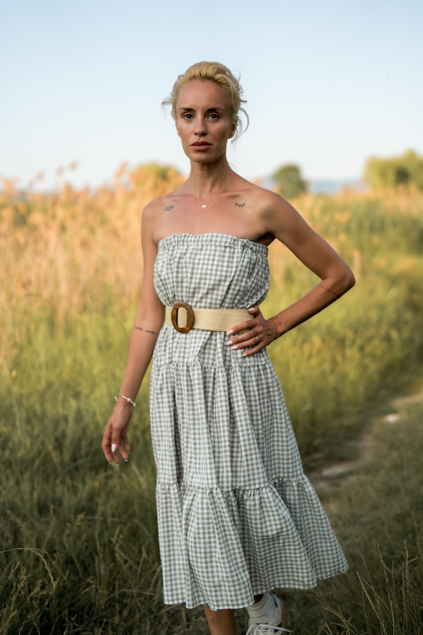 Crop top and a skirt set in green plaid Emma
