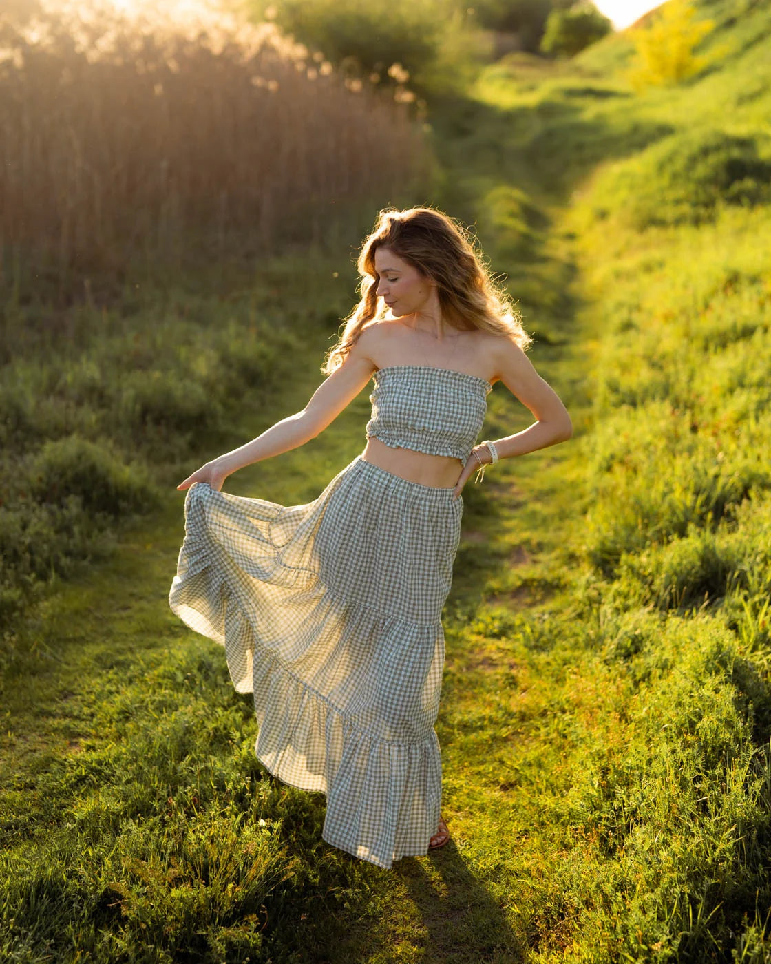 Crop top and a skirt set in green plaid Emma