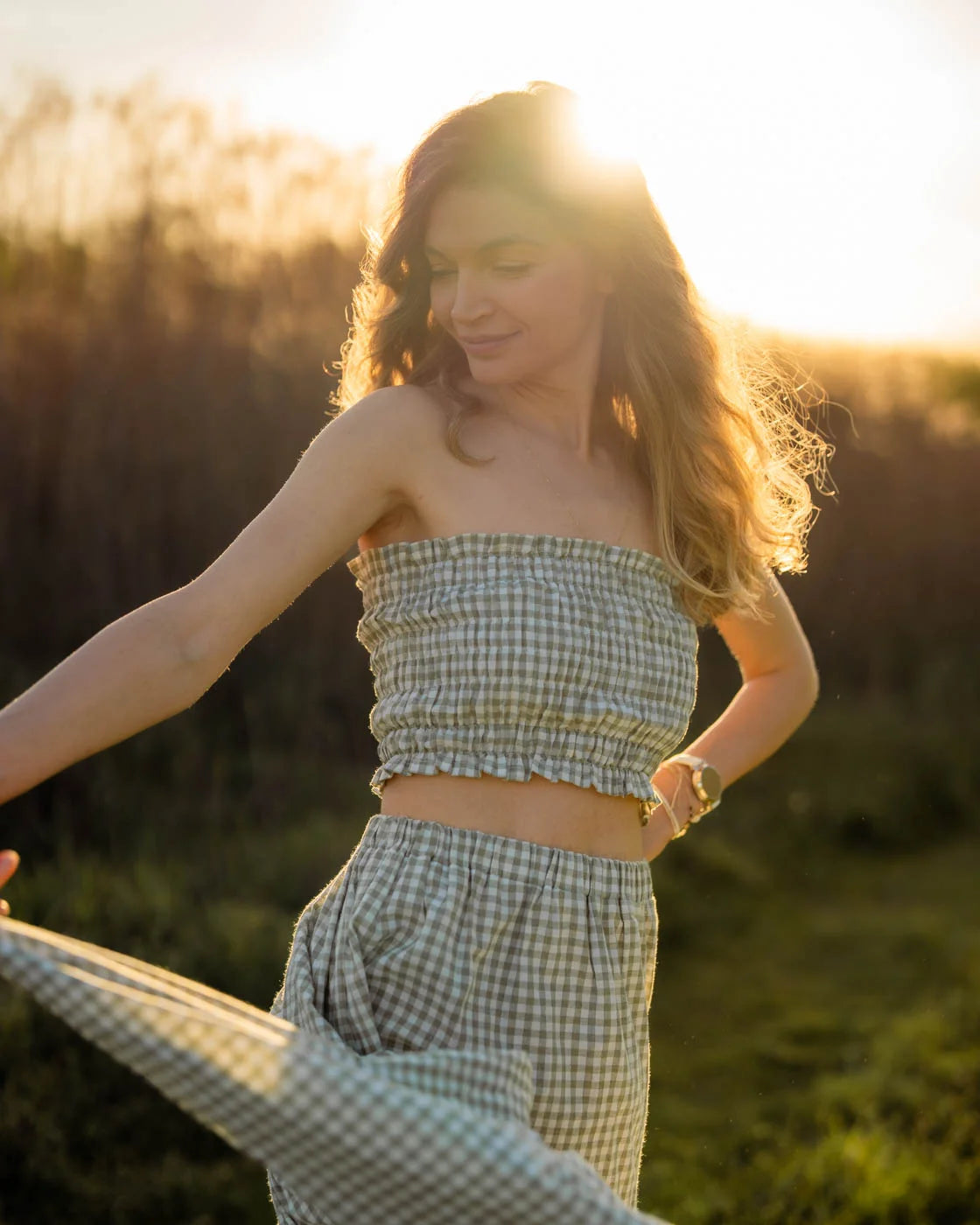 Crop top and a skirt set in green plaid Emma