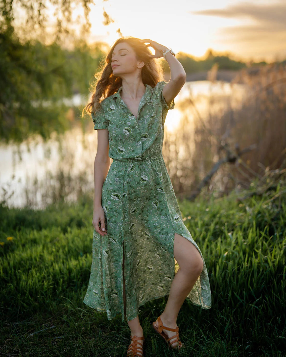 Long green dress with flowers IRIS
