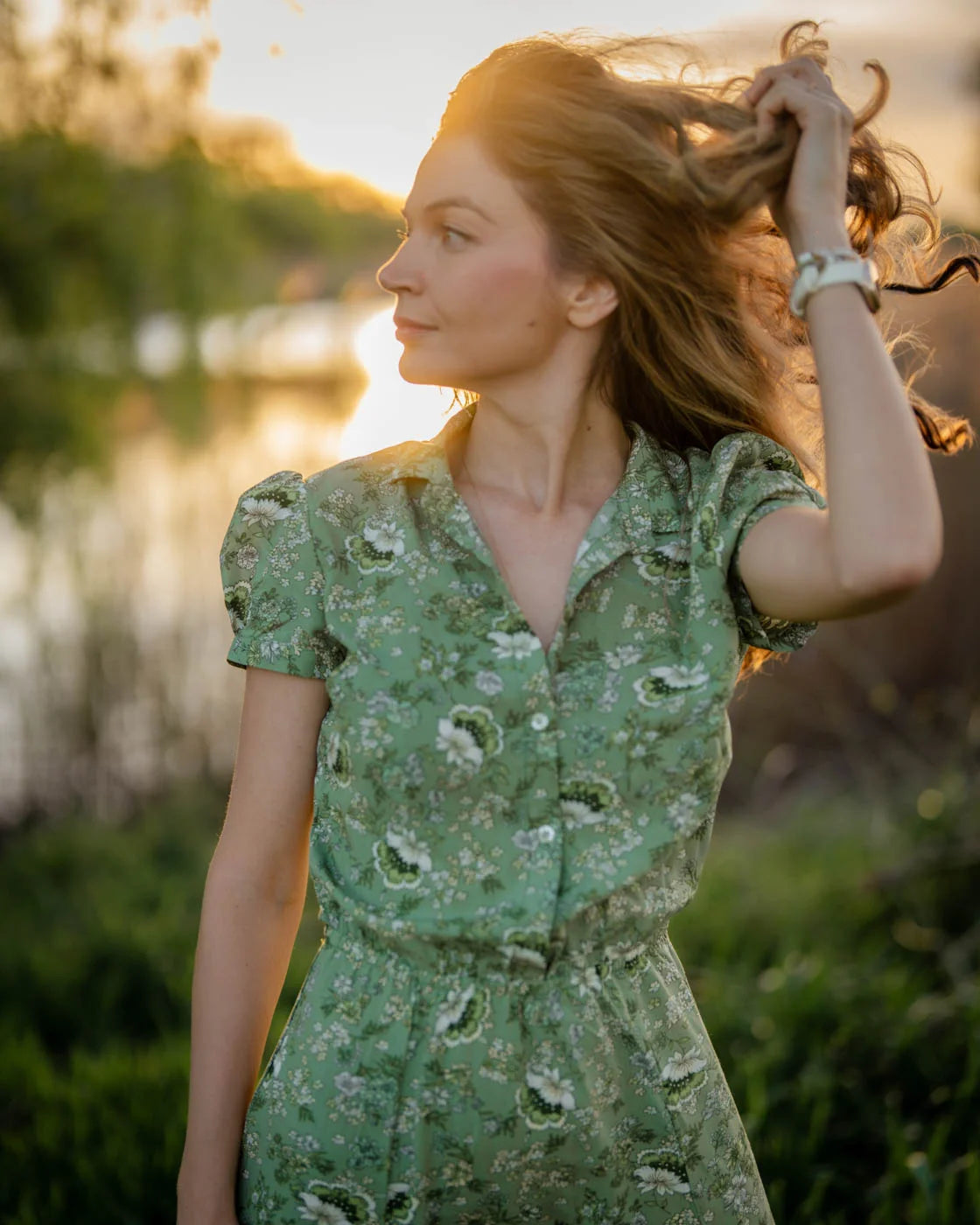 Long green dress with flowers IRIS