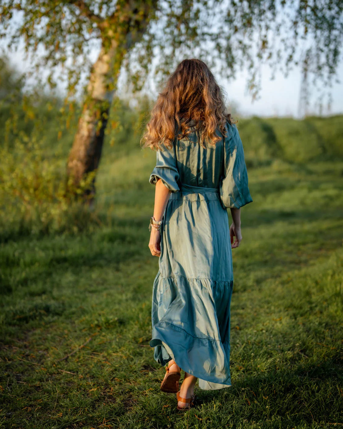 Long green satin dress NAOMI - Vintage Summer Fashion Long green satin dress NAOMI - Vintage Summer Fashion