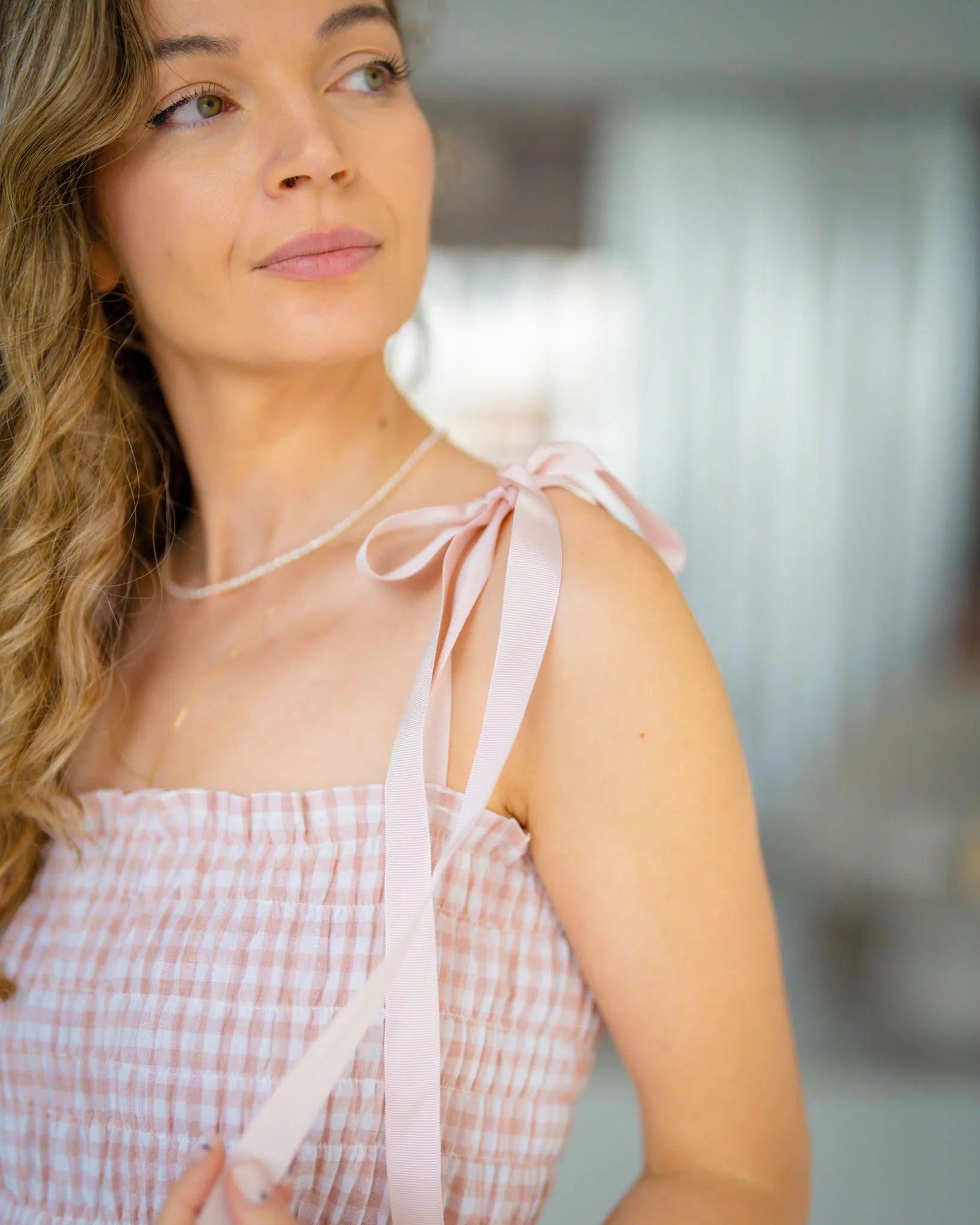 Midi dress in soft cotton pink plaid Amélie