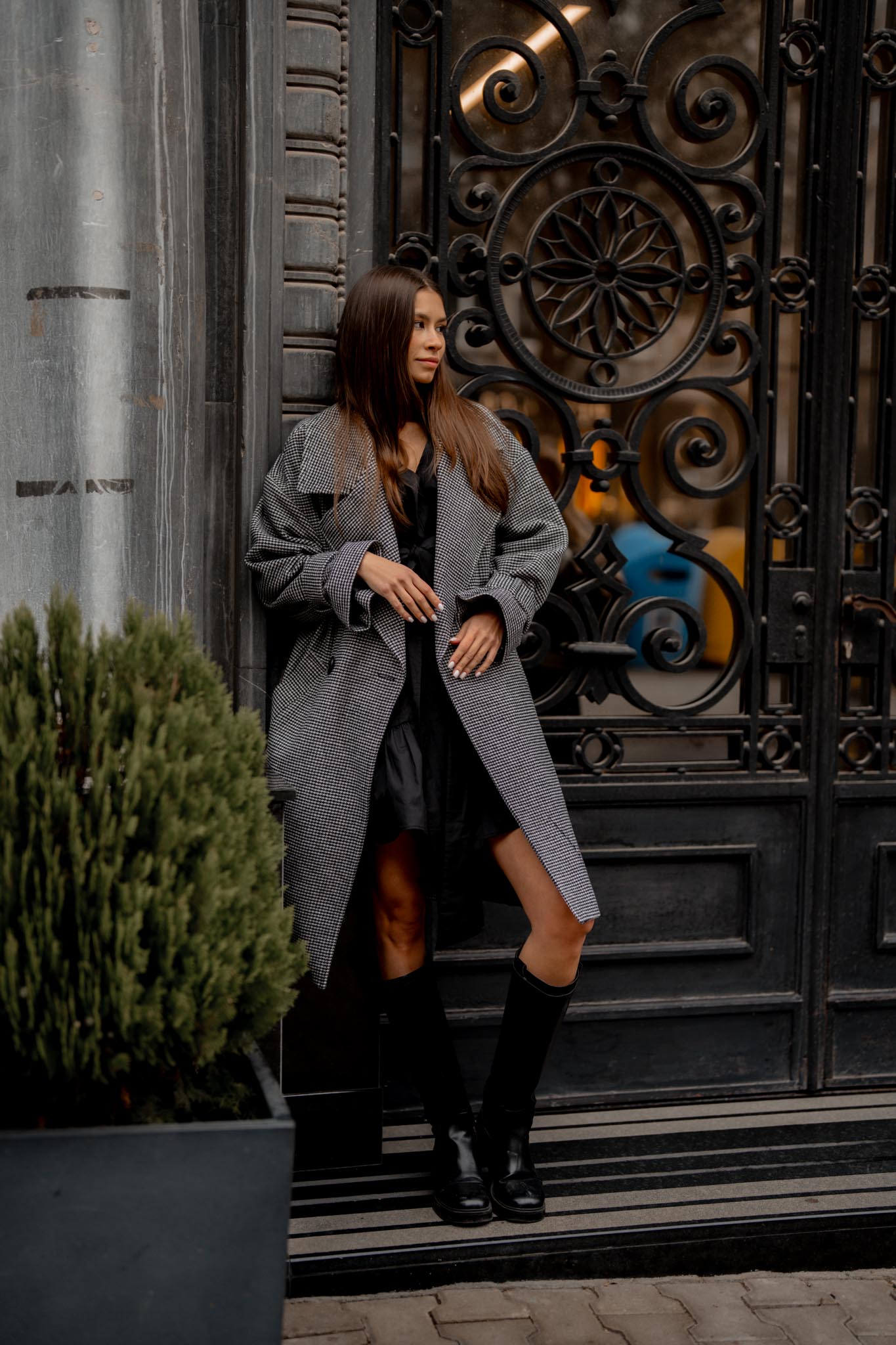 Дълго карирано вълнено палто PARIS